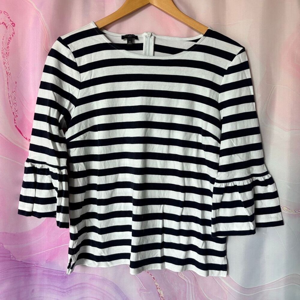 Talbots LP Black White Striped 3/4 Bell Sleeve Blouse Preppy Retro Boardwalk
